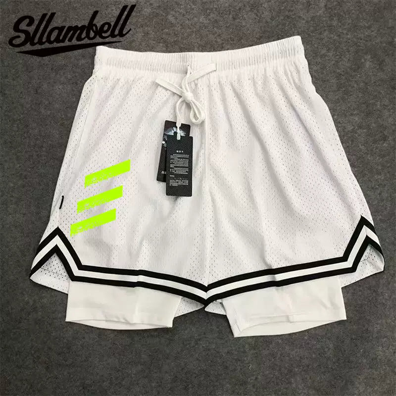 New American style trendy high street basketball three bar printed men's fake two piece shorts loose training sports pants summer