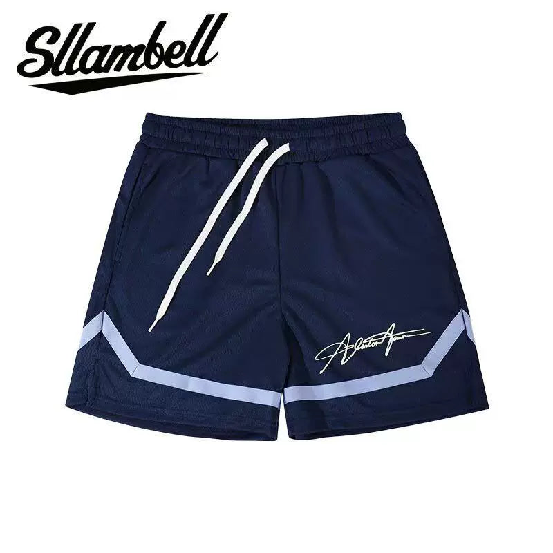 SLLAMBELL Men's American Basketball Speed Dry Shorts, Color blocked Weaving Belt, Over the Knee Pentagram Pants, Fitness