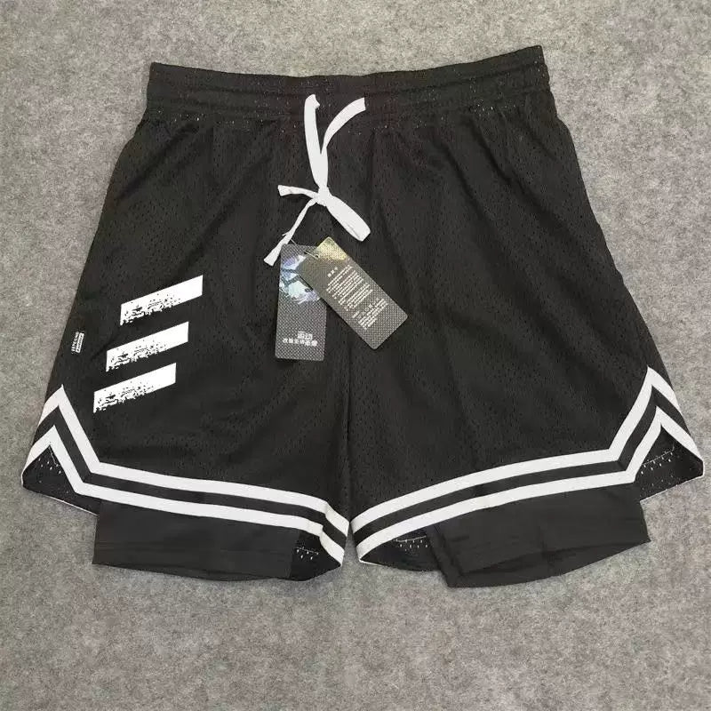 New American style trendy high street basketball three bar printed men's fake two piece shorts loose training sports pants summer
