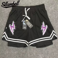 American style new trendy high street basketball lightning print men's summer vacation two shorts loose training sports pants