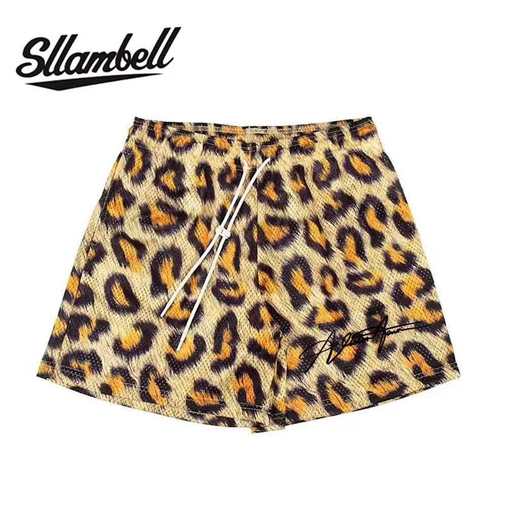 SLLAMBELL new animal leopard print shorts men's sports pants basketball American mesh quarter pants loose and trendy