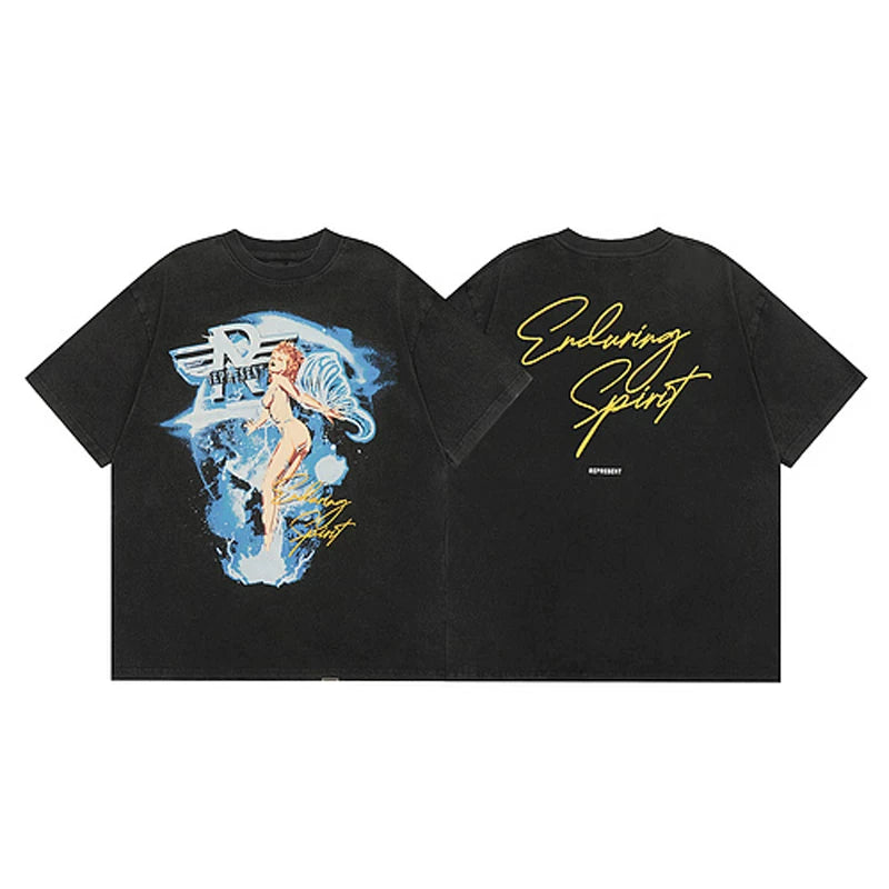 Representative Portrait Angel Girl Surfing Water Washed Vintage Short Sleeve American Trendy Brand Summer Loose Men's and Women's T-shirts