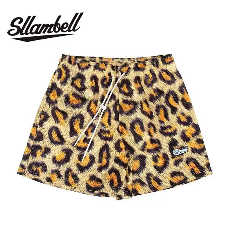 SLLAMBELL new animal leopard print shorts men's sports pants basketball American mesh quarter pants loose and trendy