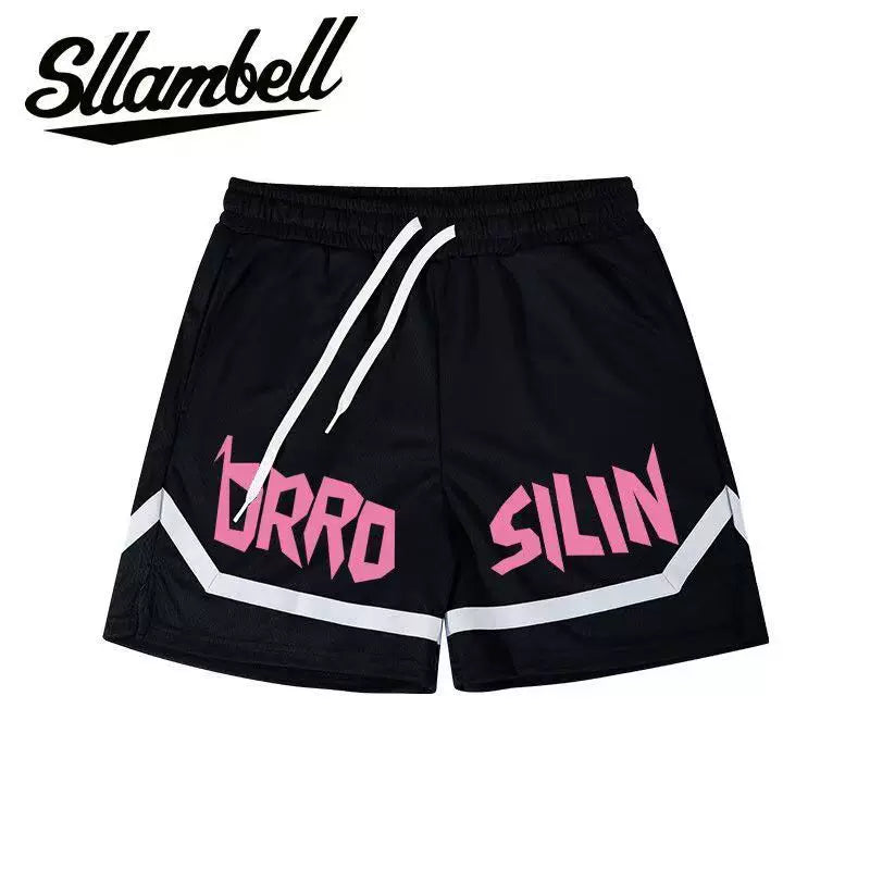 SLLAMBELL American style new trendy high street basketball letter printed men's off-season shorts loose sports pants