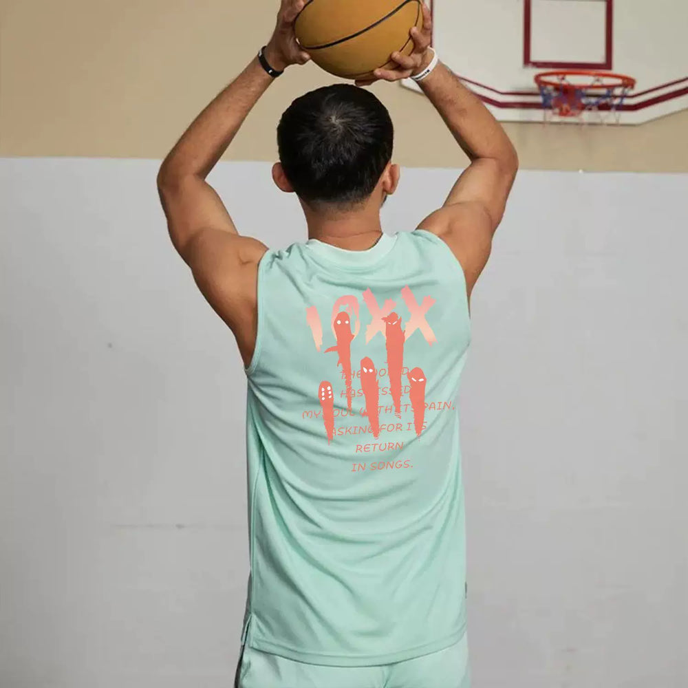 Fun letter printed fitness vest for men and women, summer loose sleeveless T-shirt, sports training clothes, running speed drying