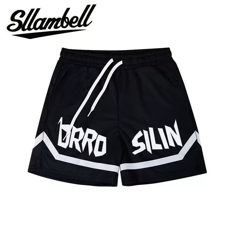 SLLAMBELL American style new trendy high street basketball letter printed men's off-season shorts loose sports pants