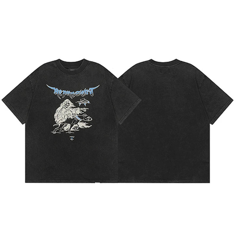 Representative Skeleton Reaper Short Sleeve American High Street Washed Outdated Casual Summer Cotton Loose Men's and Women's T-shirts