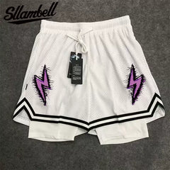 American style new trendy high street basketball lightning print men's summer vacation two shorts loose training sports pants