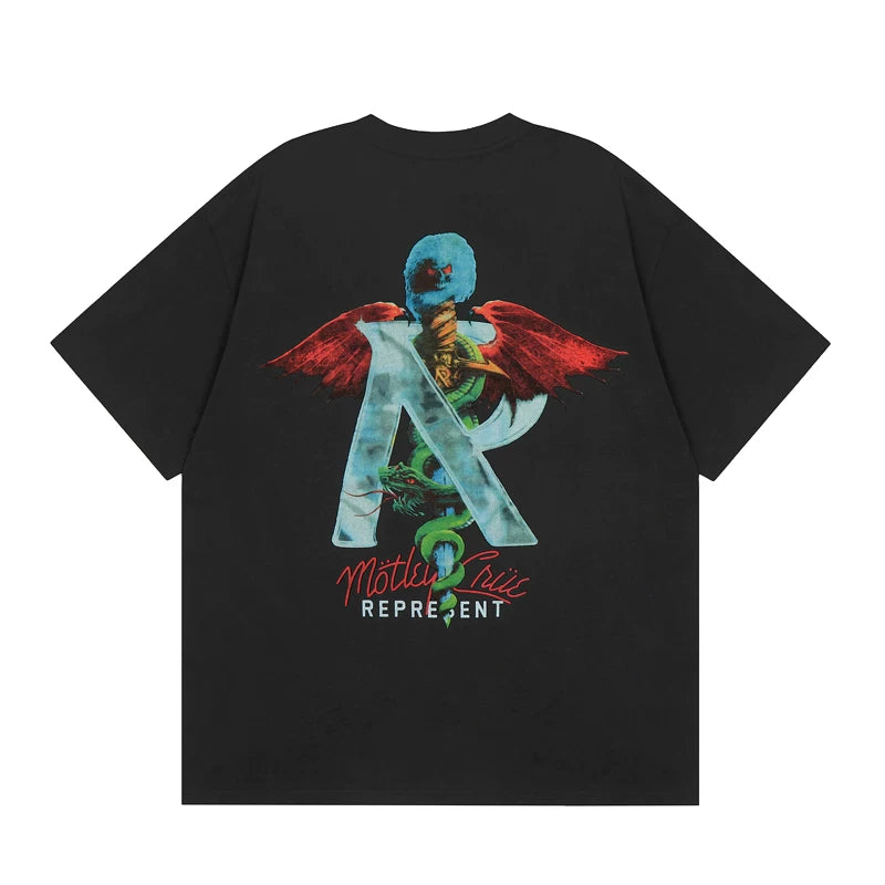 Representative Band Metal R Monster Short Sleeve American High Street Casual Summer Cotton Loose Trendy Couple T-shirt