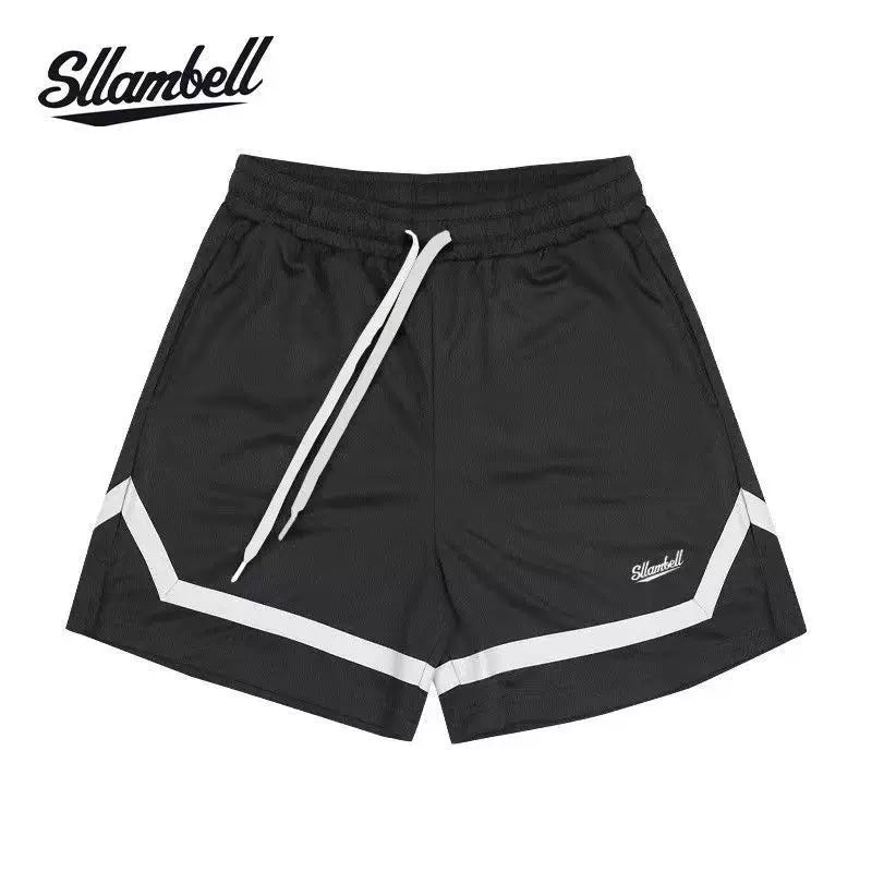 SLLAMBELL Men's American Basketball Speed Dry Shorts, Color blocked Weaving Belt, Over the Knee Pentagram Pants, Fitness