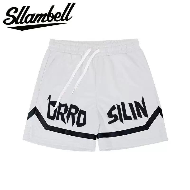 SLLAMBELL American style new trendy high street basketball letter printed men's off-season shorts loose sports pants