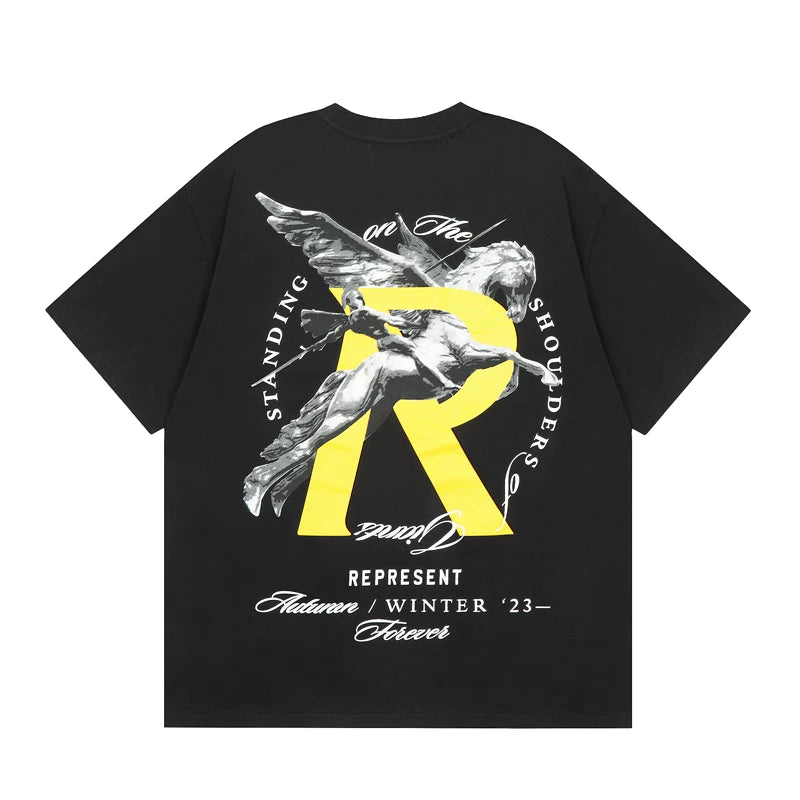 Representative Knight Pegasus R letter short sleeved American high street casual summer cotton loose men's and women's T-shirt trend