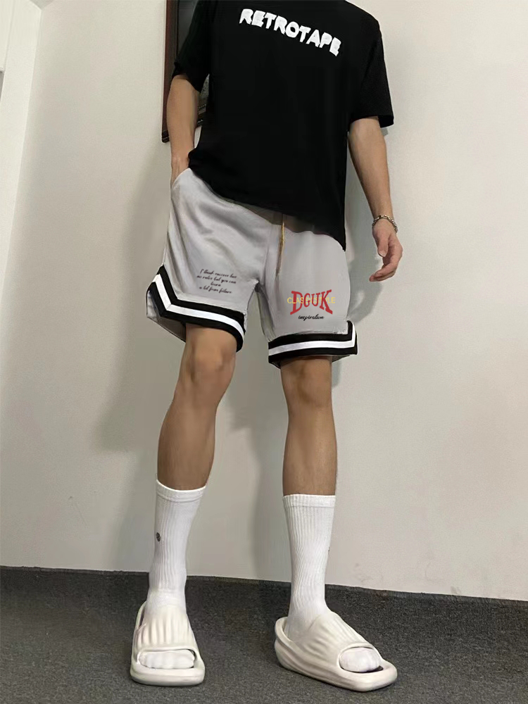 American basketball shorts, quick drying mesh, knee length training pants, striped letters, trendy brand, sports, fitness, running