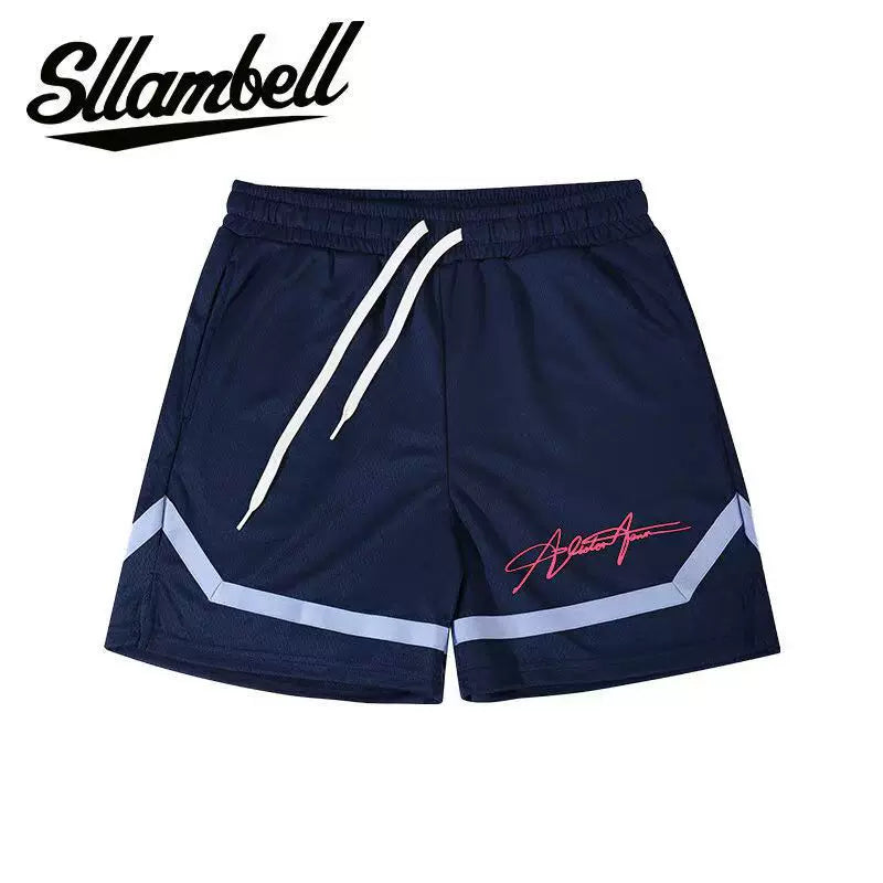 SLLAMBELL Men's American Basketball Speed Dry Shorts, Color blocked Weaving Belt, Over the Knee Pentagram Pants, Fitness