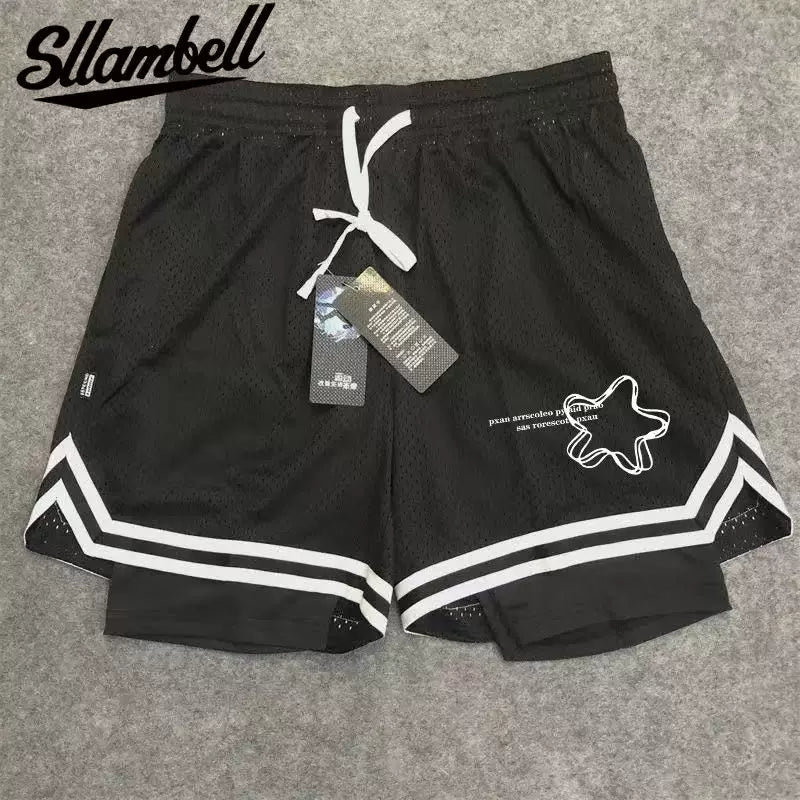 New American style trendy high street basketball with simple print for men's summer vacation, two shorts, loose training sports pants