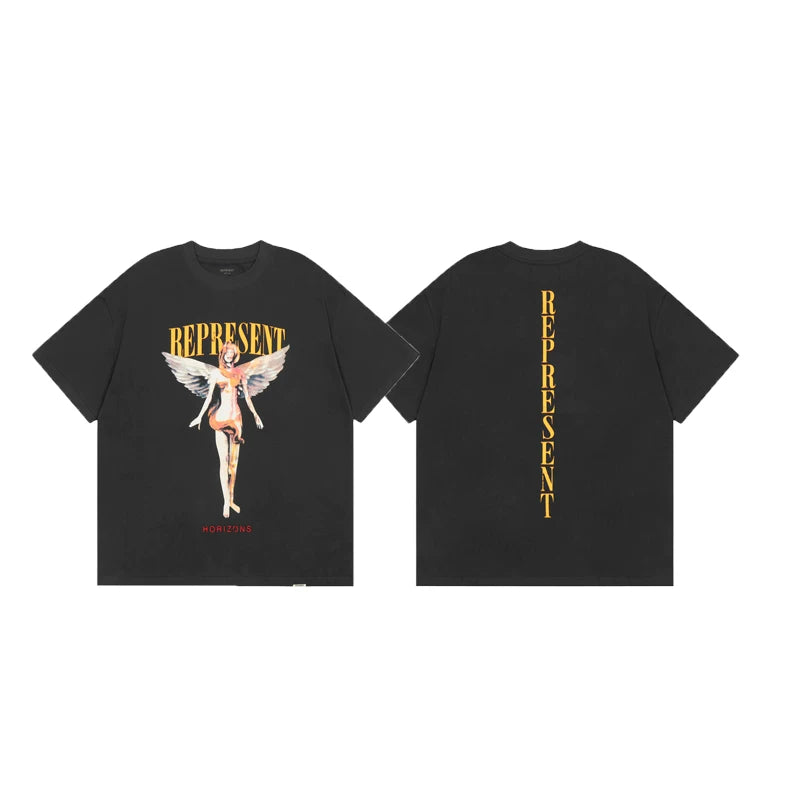 Representative Angel Goddess Letter Short Sleeve American Trendy Brand High Street Leisure Summer Cotton Loose Men's and Women's T-shirts
