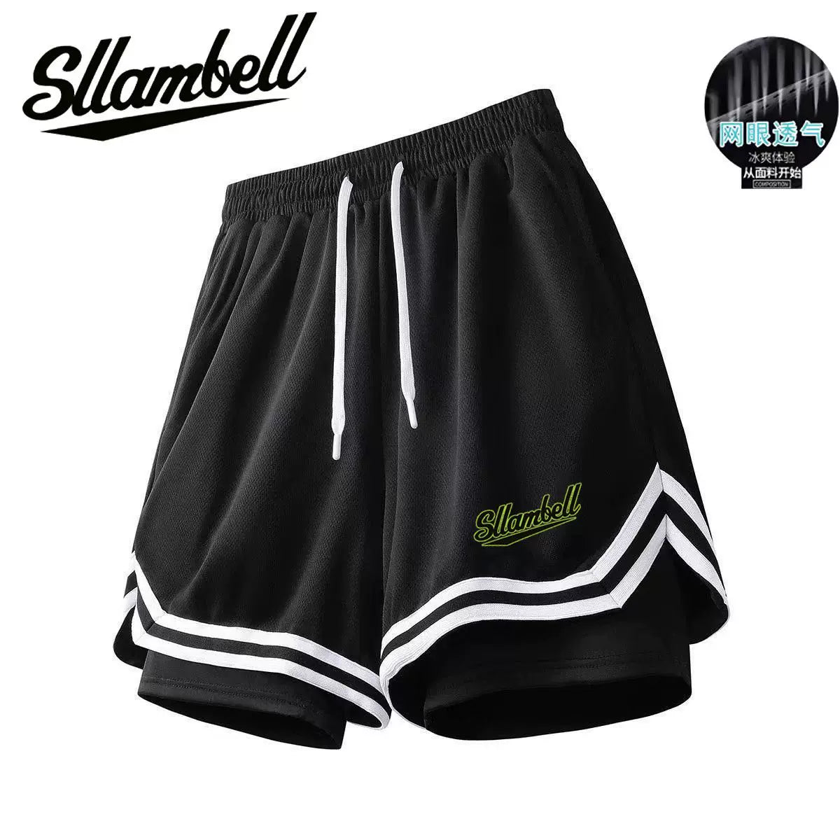 American basketball shorts lined with fake two pieces of three-point ice silk, quick drying that can't reach the knee, running, fitness training, sports, men's summer