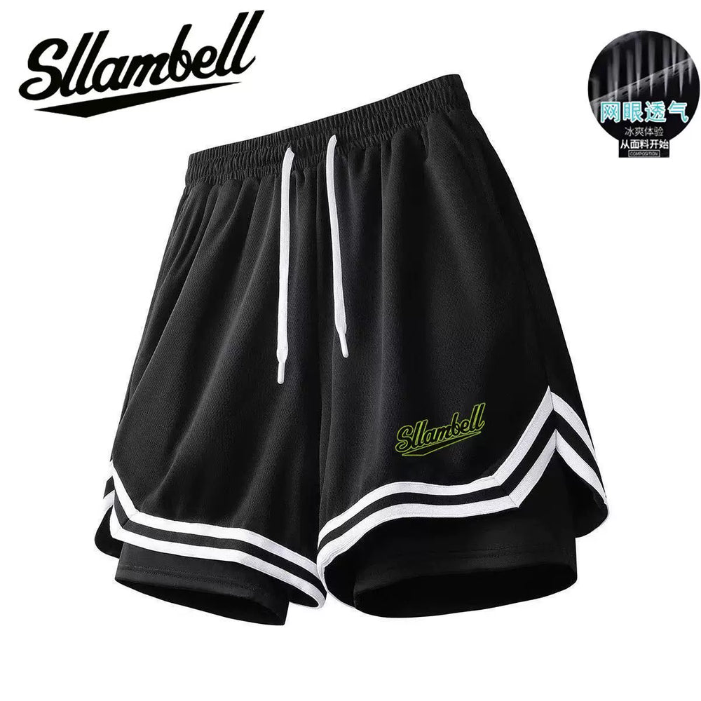 American basketball shorts lined with fake two pieces of three-point ice silk, quick drying that can't reach the knee, running, fitness training, sports, men's summer