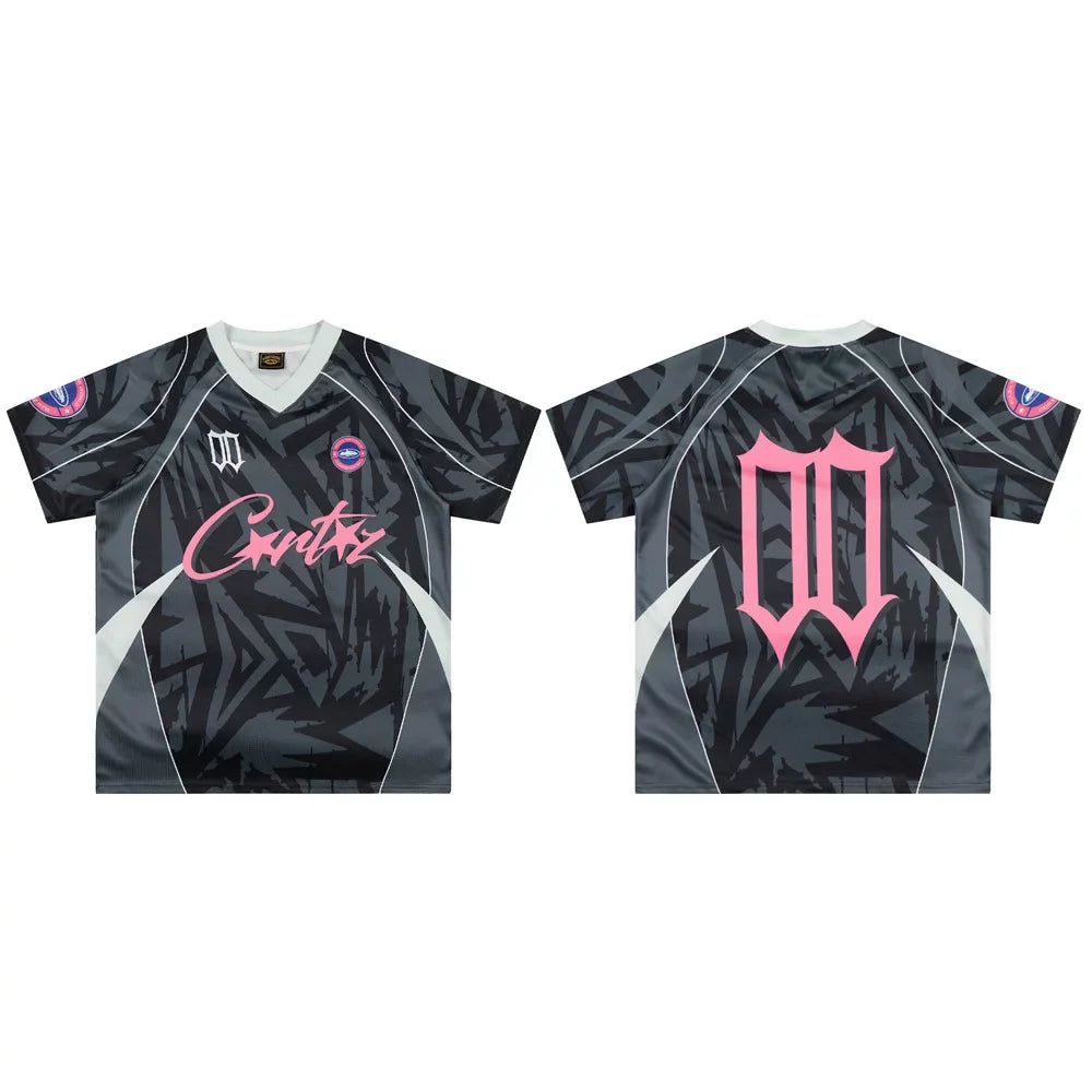 Corteiz Geometric Graphic Athletic Jersey T-Shirt - Black/Grey/Pink