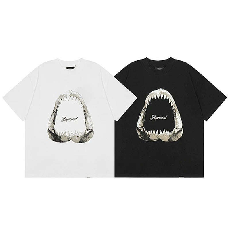 Representative shark tooth printed short sleeved American high street casual summer cotton loose fitting couple T-shirt trend