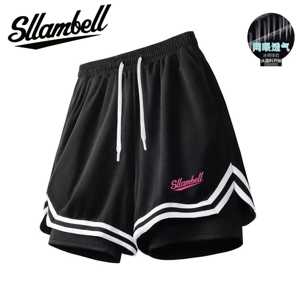 American basketball shorts lined with fake two pieces of three-point ice silk, quick drying that can't reach the knee, running, fitness training, sports, men's summer