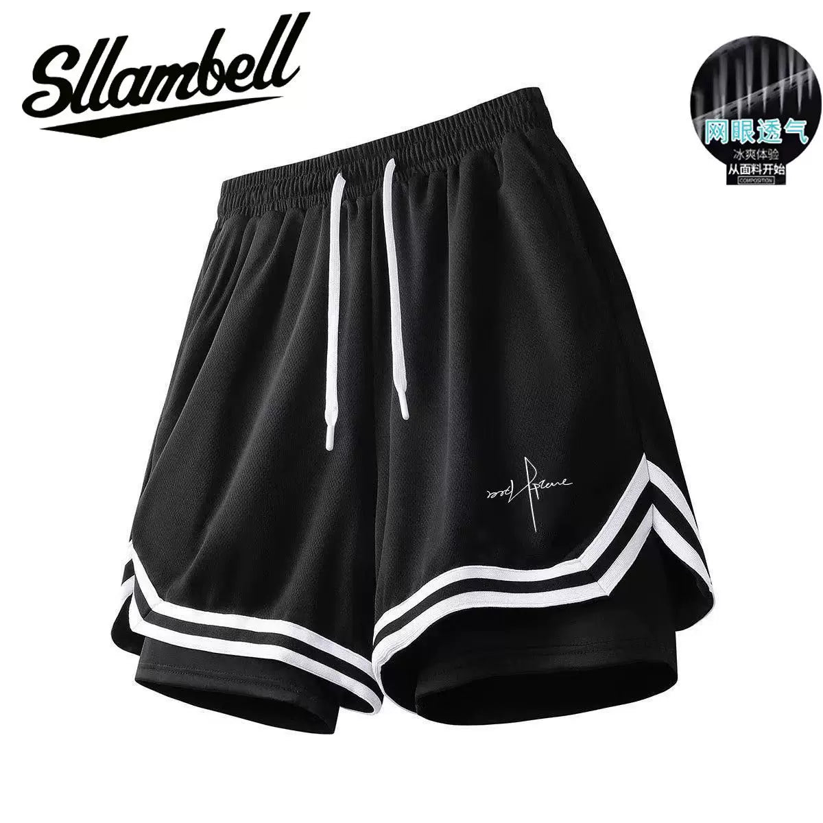 American basketball shorts lined fake two-piece three-point ice silk quick-drying knee-length running fitness training sports men summer