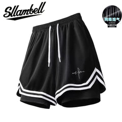 American basketball shorts lined fake two-piece three-point ice silk quick-drying knee-length running fitness training sports men summer