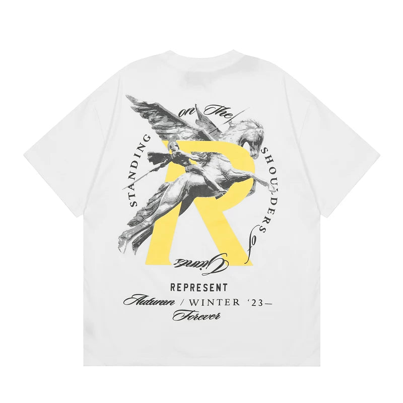 Representative Knight Pegasus R letter short sleeved American high street casual summer cotton loose men's and women's T-shirt trend