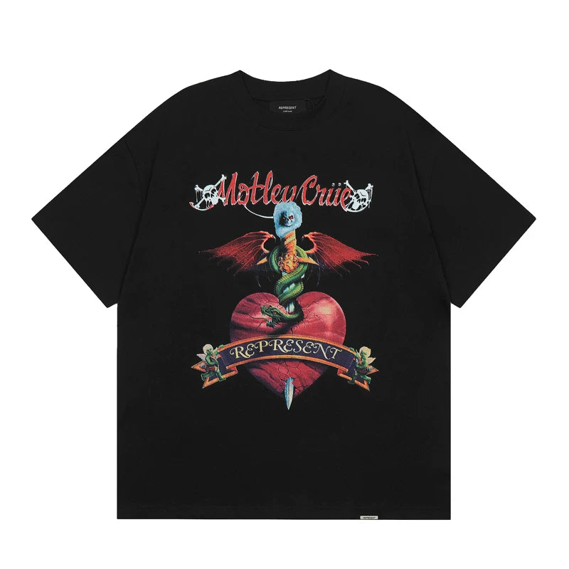 Representative Love Skull Direct Spray VTG Short Sleeve American High Street Casual Summer Cotton Loose Men's and Women's T-shirt
