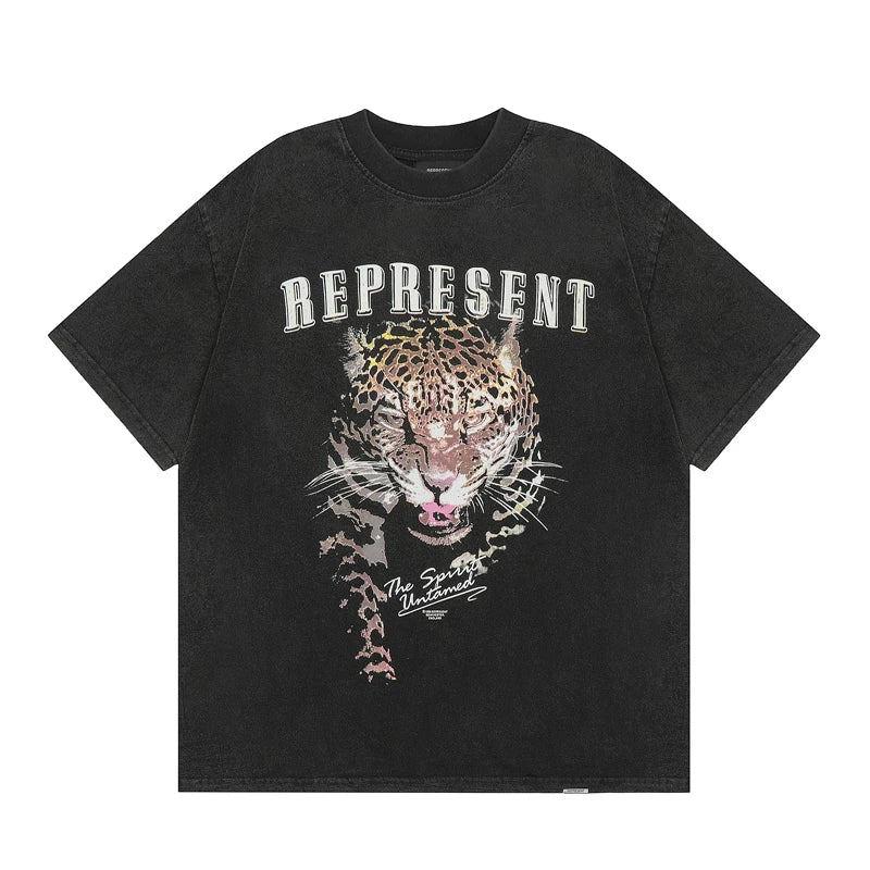 Representative leopard head print washed and worn short sleeved American high street casual summer cotton loose fitting men's and women's T-shirt
