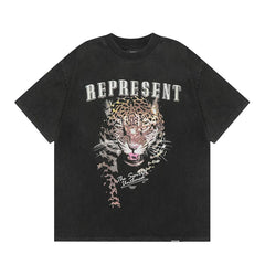 Representative leopard head print washed and worn short sleeved American high street casual summer cotton loose fitting men's and women's T-shirt