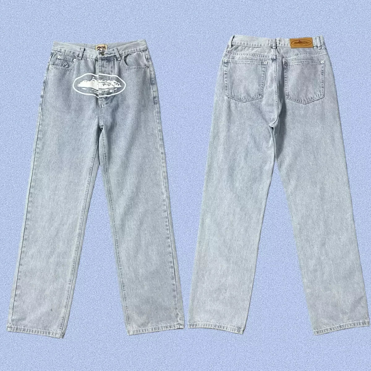 Corteiz Alcatraz Island Front Logo Heavyweight Denim Pants - Light Blue