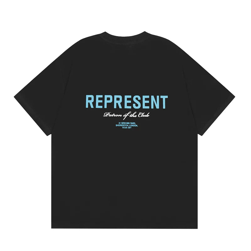 Representative Blue Slogan Letter Short Sleeve American High Street Casual Summer Cotton Loose Trendy Brand Couple T-shirt