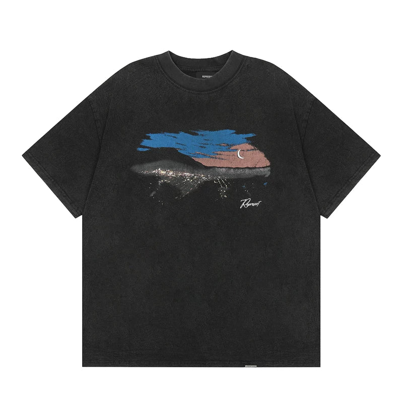Representative urban night view short sleeved American high street washed vintage casual summer cotton loose fit men's and women's T-shirt