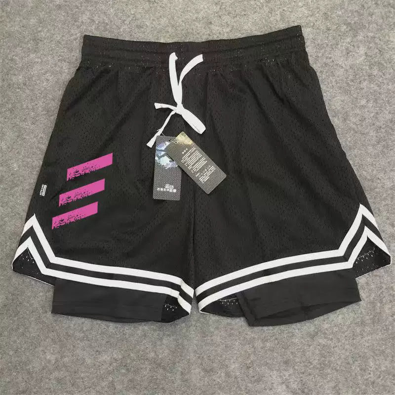 New American style trendy high street basketball three bar printed men's fake two piece shorts loose training sports pants summer