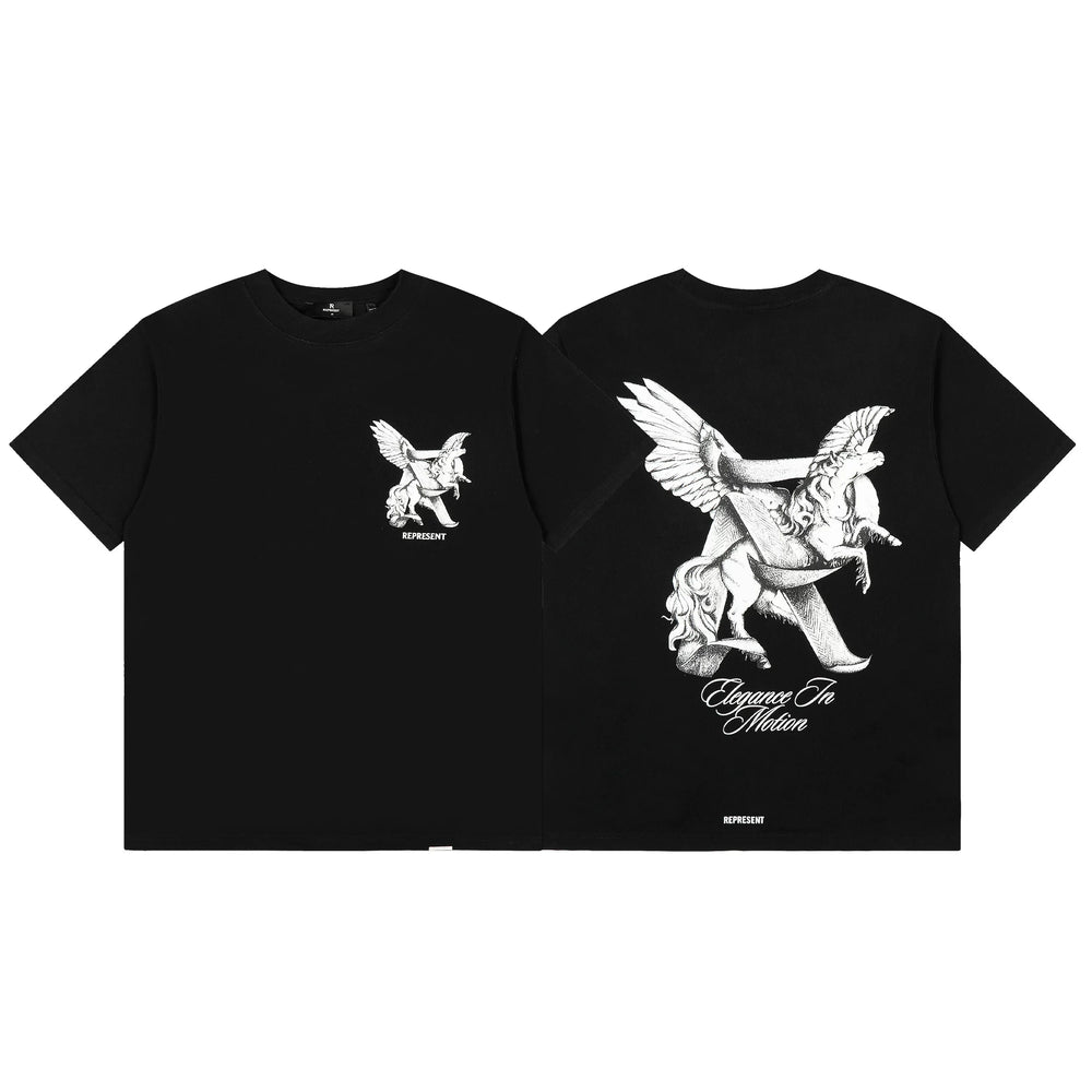 Represent "Elegance In Motion" Winged Unicorn Graphic T-Shirt - Black