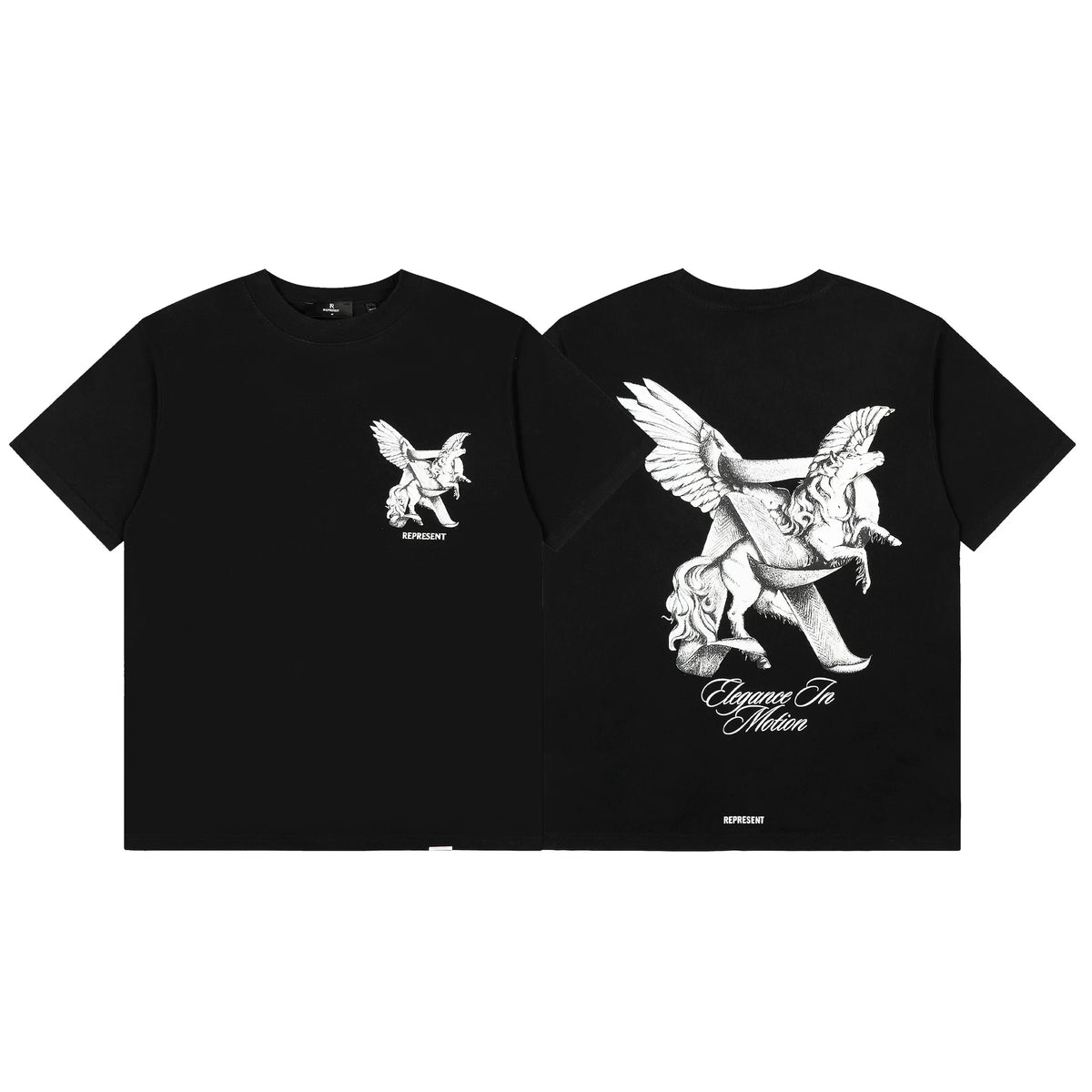 Represent "Elegance In Motion" Winged Unicorn Graphic T-Shirt - Black
