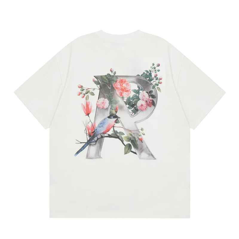 Representative floral R letter short sleeved American high street casual summer cotton loose fitting couple T-shirt trend