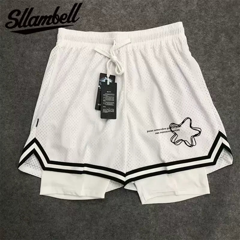 New American style trendy high street basketball with simple print for men's summer vacation, two shorts, loose training sports pants