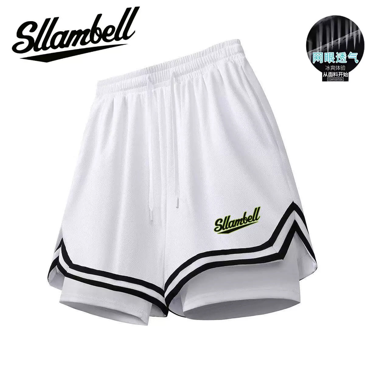 American basketball shorts lined with fake two pieces of three-point ice silk, quick drying that can't reach the knee, running, fitness training, sports, men's summer
