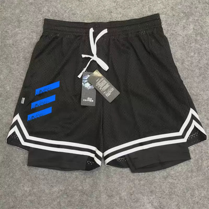 New American style trendy high street basketball three bar printed men's fake two piece shorts loose training sports pants summer