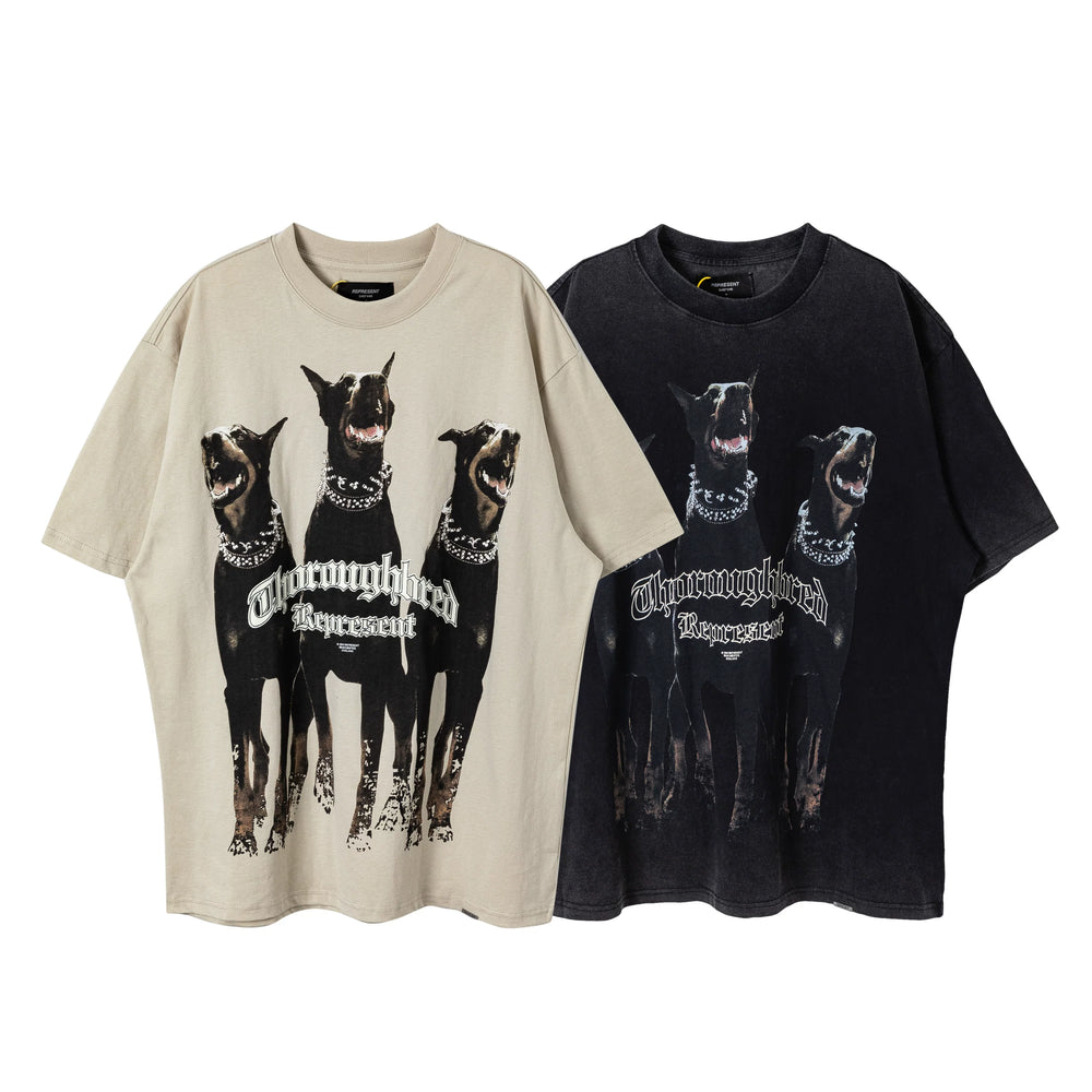 REPRESENT: A niche fashion brand, Vintage Doberman, shark distressed washed T-shirt, fog high street men's and women's short sleeved shirt