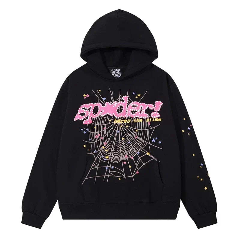 SP5DER Web Graphic Pullover Hoodie and Sweatpants Matching Set - Black / Pink