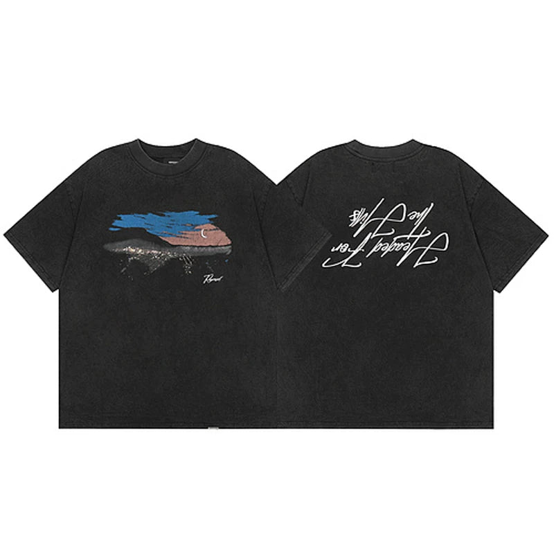Representative urban night view short sleeved American high street washed vintage casual summer cotton loose fit men's and women's T-shirt