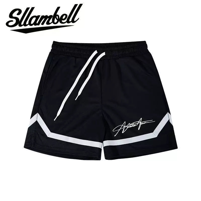 SLLAMBELL Men's American Basketball Speed Dry Shorts, Color blocked Weaving Belt, Over the Knee Pentagram Pants, Fitness