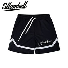SLLAMBELL Men's American Basketball Speed Dry Shorts, Color blocked Weaving Belt, Over the Knee Pentagram Pants, Fitness