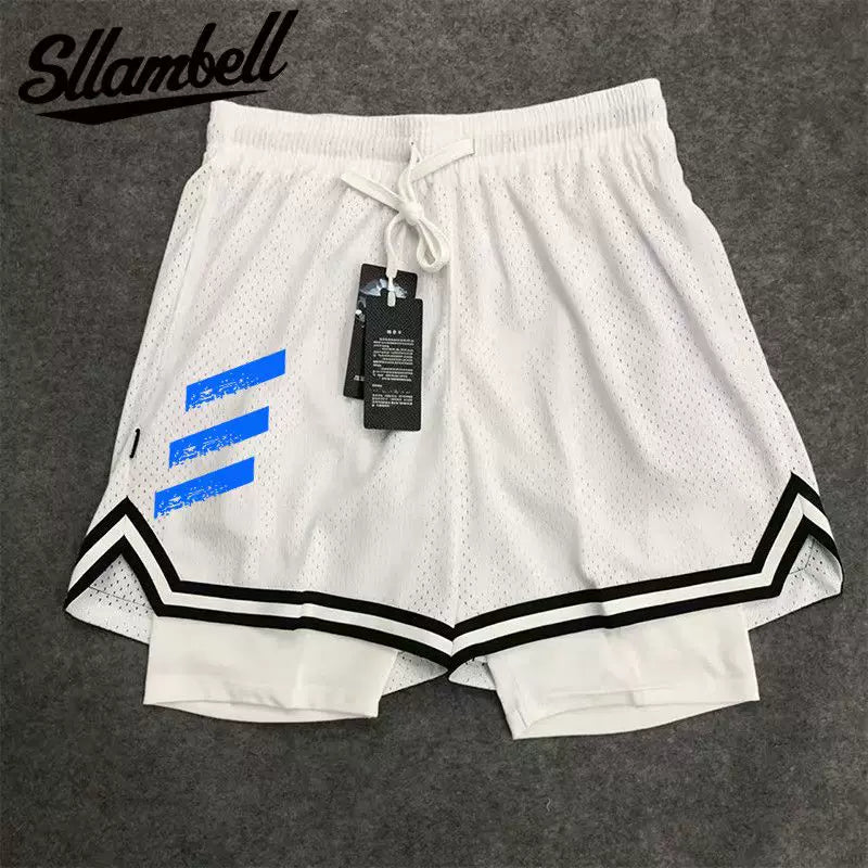 New American style trendy high street basketball three bar printed men's fake two piece shorts loose training sports pants summer