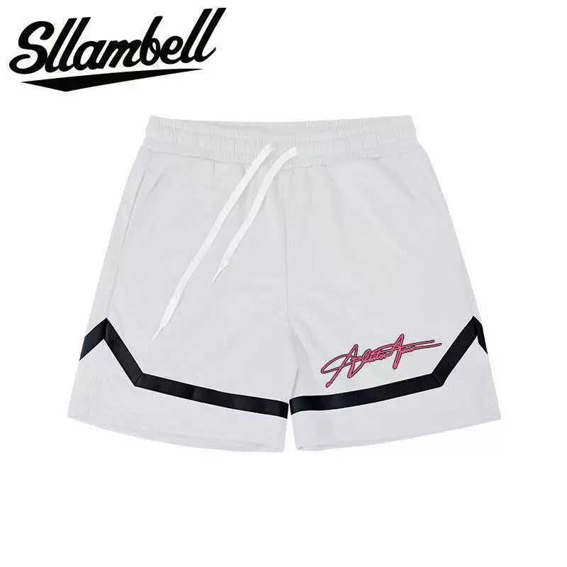 SLLAMBELL Men's American Basketball Speed Dry Shorts, Color blocked Weaving Belt, Over the Knee Pentagram Pants, Fitness