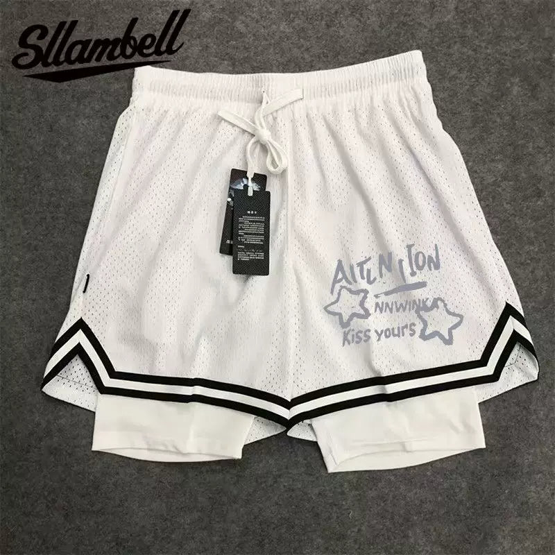 New American trendy high street basketball star print men's summer vacation two shorts loose training sports pants