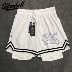New American trendy high street basketball star print men's summer vacation two shorts loose training sports pants